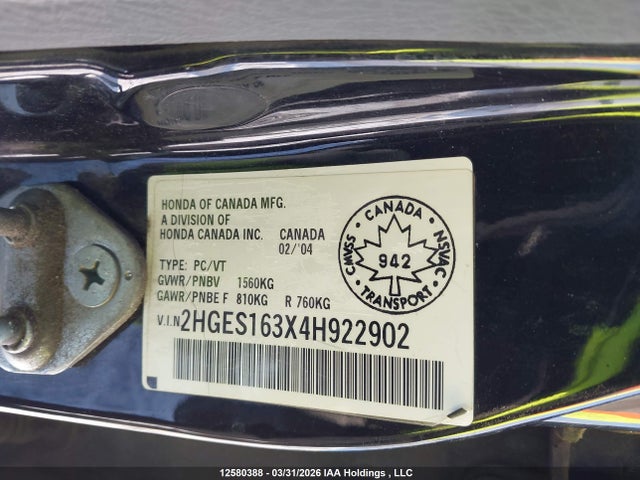 12580388 :رقم المزاد ، 2HGES163X4H922902 vin ، 2004 Honda Civic Dx Vp مزاد بيع