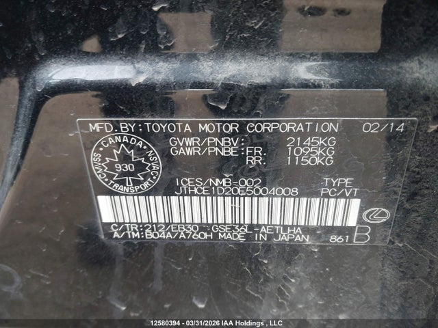 Aukcja sprzedaży 2014 Lexus Is 350, vin: JTHCE1D20E5004008, numer aukcji: 12580394