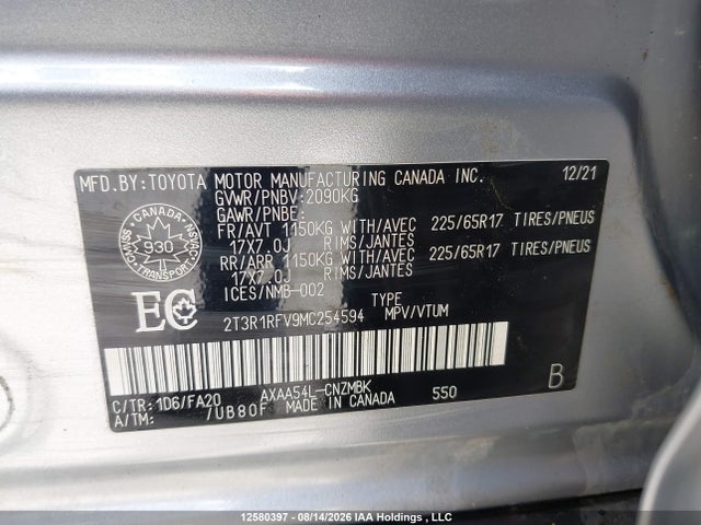 2T3R1RFV9MC254594 Toyota Rav4 Xle