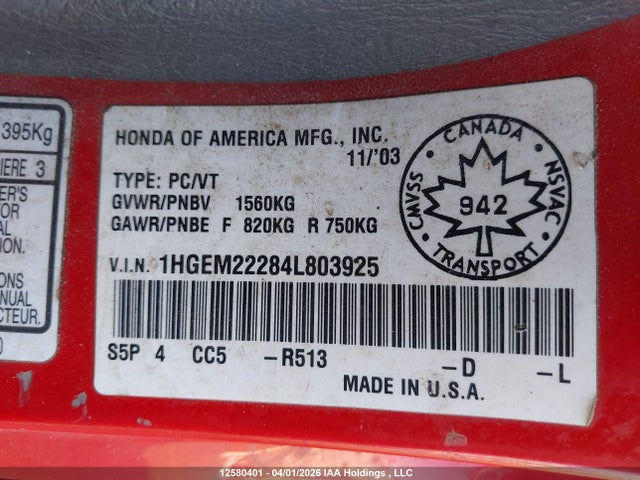 2004 Honda Civic Dx მანქანა იყიდება აუქციონზე, vin: 1HGEM22284L803925, აუქციონის ნომერი: 12580401