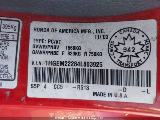 2004 Honda Civic Dx მანქანა იყიდება აუქციონზე, vin: 1HGEM22284L803925, აუქციონის ნომერი: 12580401
