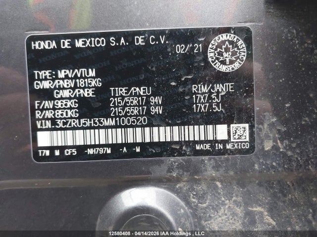 3CZRU5H33MM100520 Honda HR-V LX