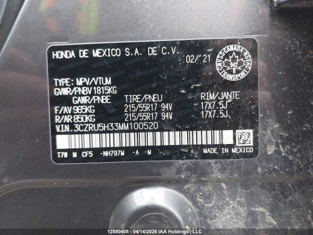 3CZRU5H33MM100520 Honda HR-V LX