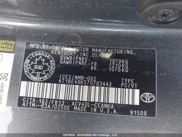 Aukcja sprzedaży 2007 Toyota Camry Le/se, vin: 4T1BE46K57U703442, numer aukcji: 12574934