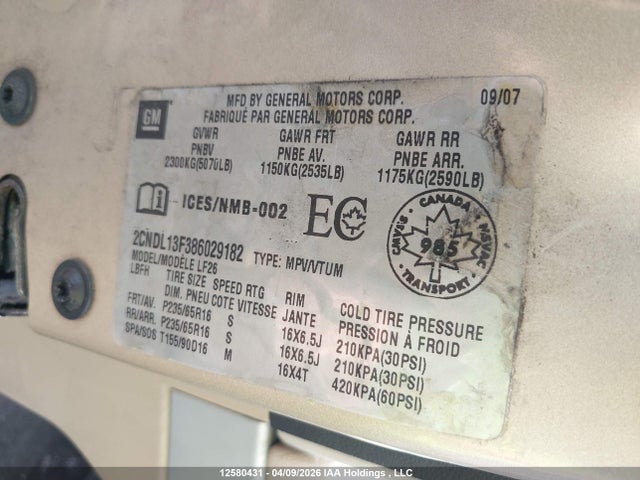12580431 :رقم المزاد ، 2CNDL13F386029182 vin ، 2008 Chevrolet Equinox Ls مزاد بيع