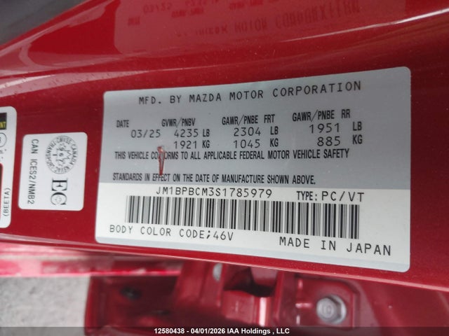 Aukcja sprzedaży 2025 Mazda Mazda3, vin: JM1BPBCM3S1785979, numer aukcji: 12580438