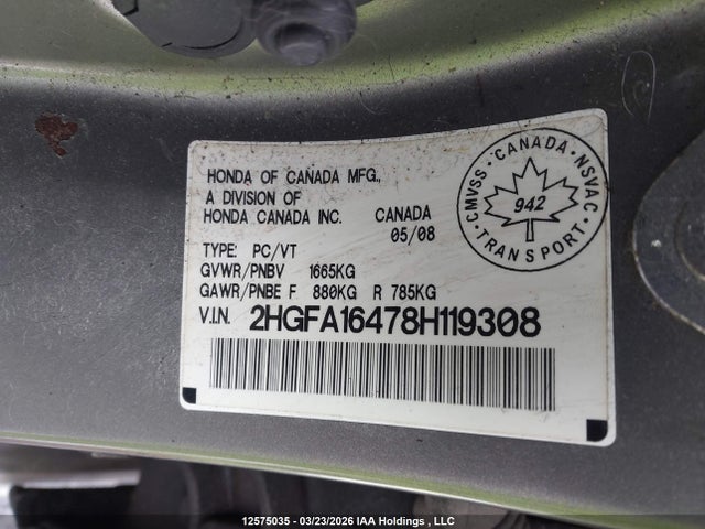 Продаж на аукціоні авто 2008 Honda Civic Dx-g, vin: 2HGFA16478H119308, номер лоту: 12575035