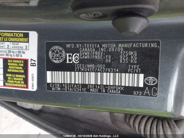 12564726 :رقم المزاد ، 2T1KU4EE7AC278314 vin ، 2010 Toyota Matrix مزاد بيع