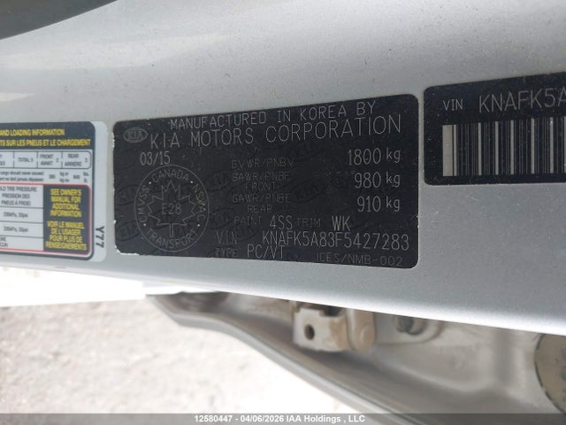 12580447 :رقم المزاد ، KNAFK5A83F5427283 vin ، 2015 Kia Forte 2.0l Lx+ مزاد بيع