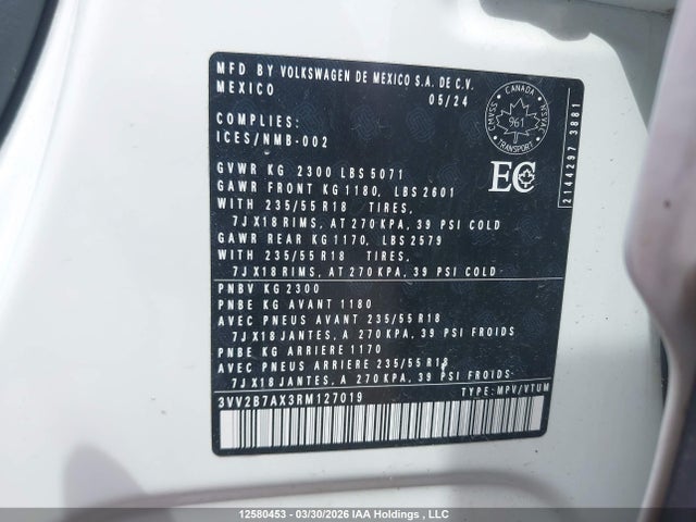 3VV2B7AX3RM127019 Volkswagen Tiguan Se/wolfsburg