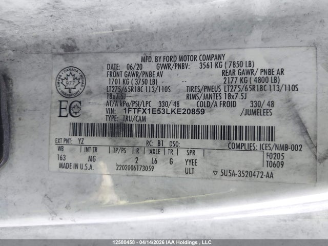 Продаж на аукціоні авто 2020 Ford F150 Super Cab, vin: 1FTFX1E53LKE20859, номер лоту: 12580458