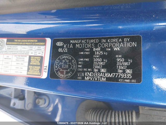 12580475 :رقم المزاد ، KNDJ33AU6M7779335 vin ، 2021 Kia Soul Ex/ex Premium/ex+/gt-line Limited مزاد بيع