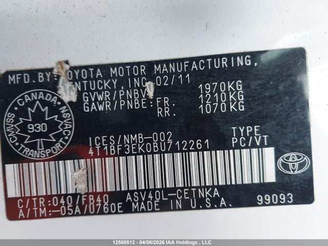 2011 Toyota Camry Le მანქანა იყიდება აუქციონზე, vin: 4T1BF3EK0BU712261, აუქციონის ნომერი: 12580512
