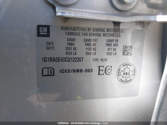 Aukcja sprzedaży 2012 Chevrolet Volt, vin: 1G1RA6E40CU122267, numer aukcji: 12580522