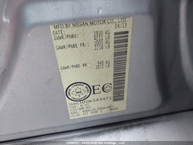 Продажа на аукционе авто 2013 Nissan Altima, vin: 1N4AL3AP2DN543471, номер лота: 12580531