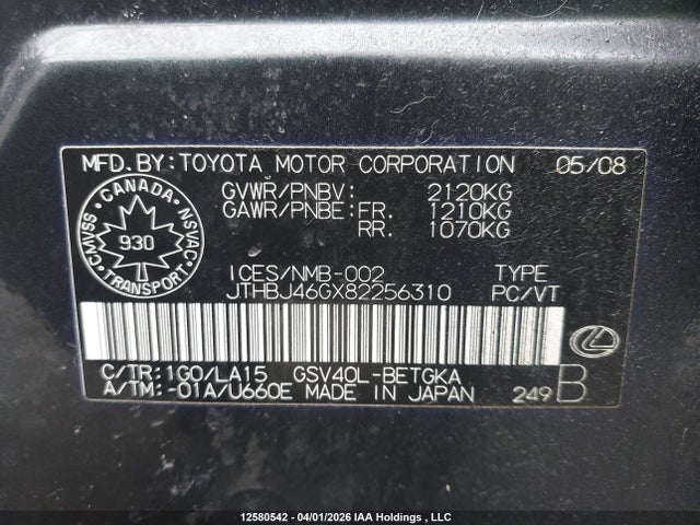 12580542 :رقم المزاد ، JTHBJ46GX82256310 vin ، 2008 Lexus Es 350 350 مزاد بيع