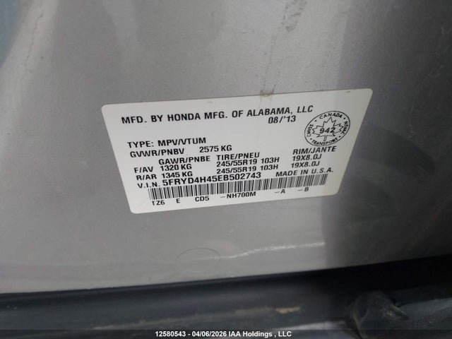 12580543 :رقم المزاد ، 5FRYD4H45EB502743 vin ، 2014 Acura Mdx Technology مزاد بيع