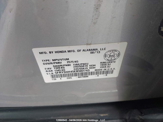 12580543 :رقم المزاد ، 5FRYD4H45EB502743 vin ، 2014 Acura Mdx Technology مزاد بيع