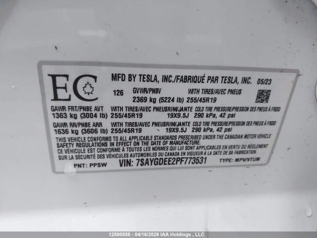 12580558 :رقم المزاد ، 7SAYGDEE2PF773531 vin ، 2023 Tesla Model Y مزاد بيع