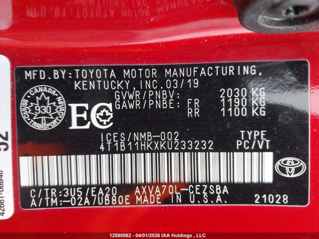 4T1B11HKXKU233232 Toyota Camry L/le/xle/se/xse
