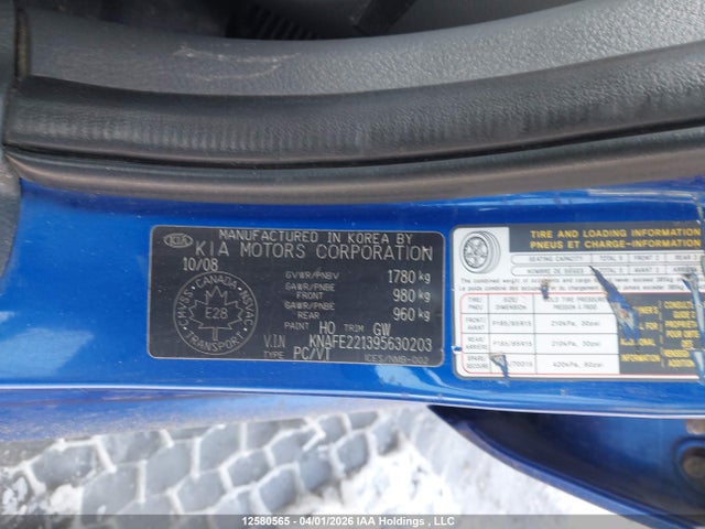 Aukcja sprzedaży 2009 Kia Spectra Lx/lx Convenience/lx Premium, vin: KNAFE221395630203, numer aukcji: 12580565