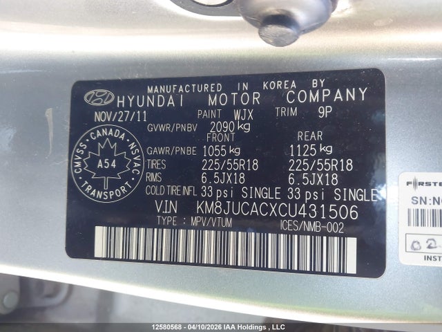 Продажа на аукционе авто 2012 Hyundai Tucson Limited, vin: KM8JUCACXCU431506, номер лота: 12580568