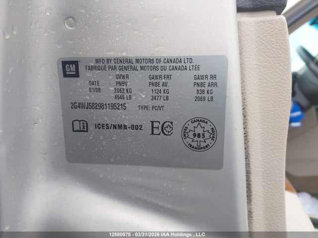 Aukcja sprzedaży 2008 Buick Allure Cxl, vin: 2G4WJ582981195215, numer aukcji: 12580578