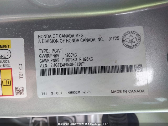 Продаж на аукціоні авто 2025 Honda Civic Hybrid, vin: 2HGFE4F84SH012071, номер лоту: 12580582