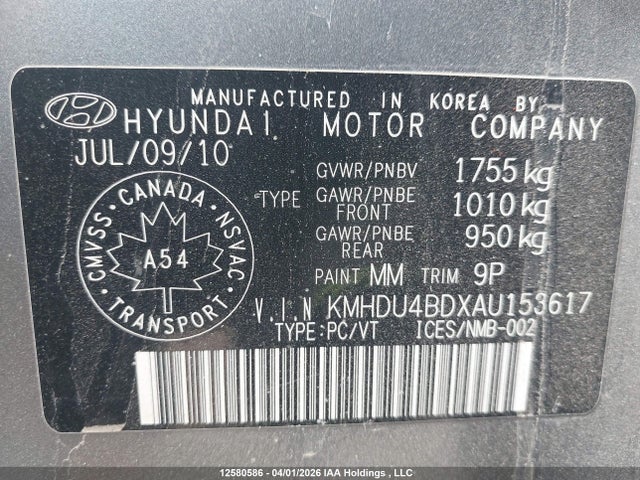 12580586 :رقم المزاد ، KMHDU4BDXAU153617 vin ، 2010 Hyundai Elantra Blue/gls/se مزاد بيع