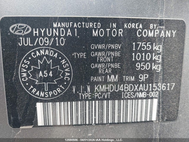 12580586 :رقم المزاد ، KMHDU4BDXAU153617 vin ، 2010 Hyundai Elantra Blue/gls/se مزاد بيع