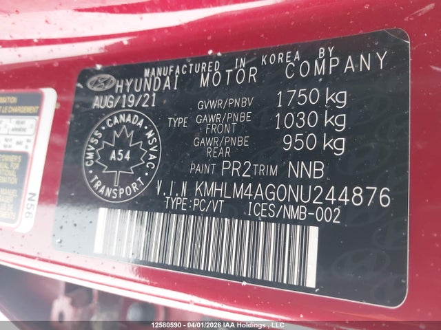 KMHLM4AG0NU244876 Hyundai Elantra Preferred Ivt