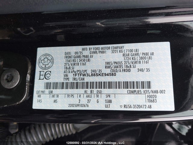 12580592 :رقم المزاد ، 1FTFW3L88SKE94580 vin ، 2025 Ford F150 Xlt مزاد بيع