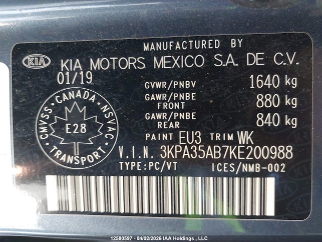 3KPA35AB7KE200988 KIA Rio Ex/ex Sport/ex Tech Navi