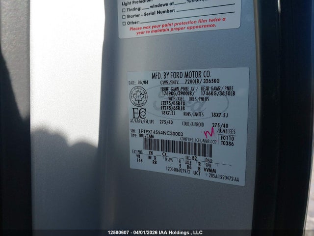 12580607 :رقم المزاد ، 1FTPX14554NC30003 vin ، 2004 Ford F-150 Fx4/lariat/xl/xlt مزاد بيع