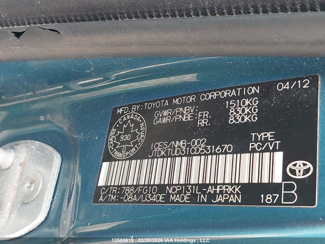 Продаж на аукціоні авто 2012 Toyota Yaris, vin: JTDKTUD31CD531670, номер лоту: 12580618