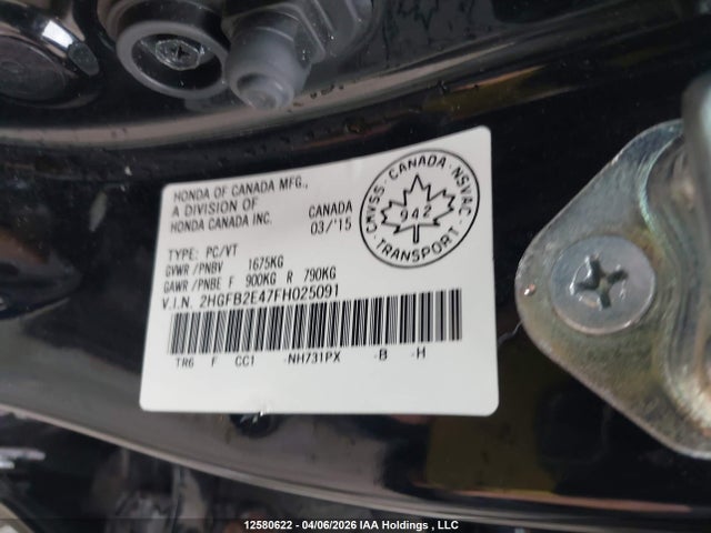 Aukcja sprzedaży 2015 Honda Civic Lx, vin: 2HGFB2E47FH025091, numer aukcji: 12580622