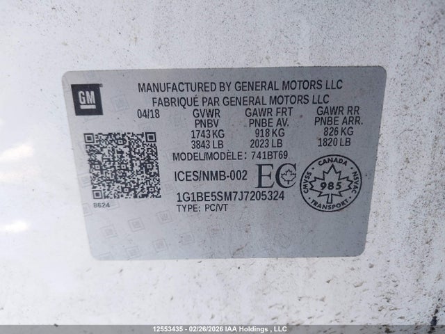 Продаж на аукціоні авто 2018 Chevrolet Cruze Lt Auto, vin: 1G1BE5SM7J7205324, номер лоту: 12553435