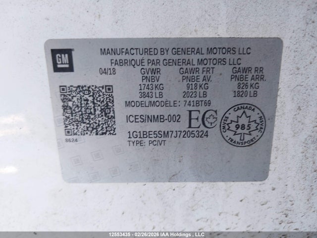 Продаж на аукціоні авто 2018 Chevrolet Cruze Lt Auto, vin: 1G1BE5SM7J7205324, номер лоту: 12553435