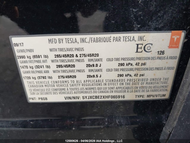 Aukcja sprzedaży 2017 Tesla Model X 100d/75d/90d, vin: 5YJXCBE2XHF065916, numer aukcji: 12580626