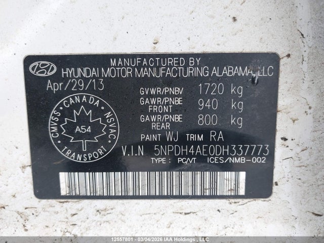 Aukcja sprzedaży 2013 Hyundai Elantra L, vin: 5NPDH4AE0DH337773, numer aukcji: 12557801