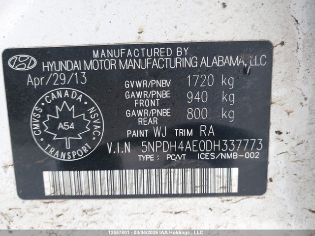 Aukcja sprzedaży 2013 Hyundai Elantra L, vin: 5NPDH4AE0DH337773, numer aukcji: 12557801