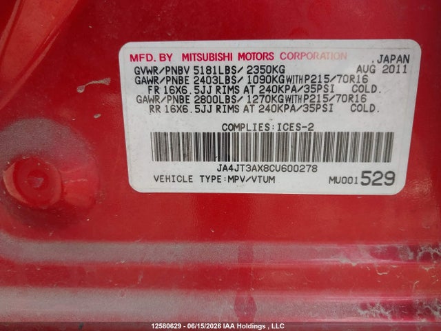 Продаж на аукціоні авто 2012 Mitsubishi Outlander Ls, vin: JA4JT3AX8CU600278, номер лоту: 12580629