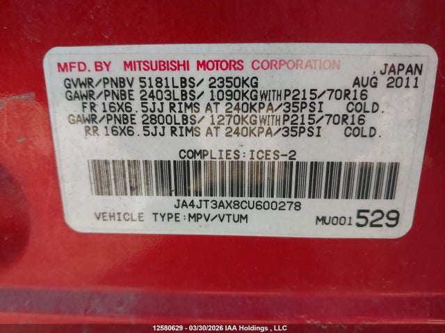 Продаж на аукціоні авто 2012 Mitsubishi Outlander Ls, vin: JA4JT3AX8CU600278, номер лоту: 12580629
