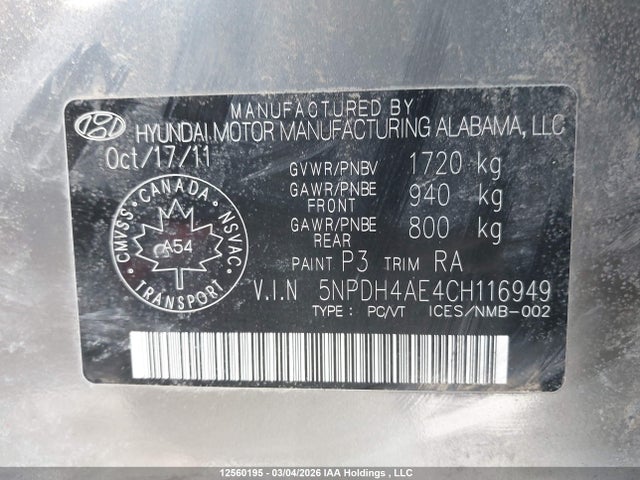 2012 Hyundai Elantra Gl მანქანა იყიდება აუქციონზე, vin: 5NPDH4AE4CH116949, აუქციონის ნომერი: 12560195