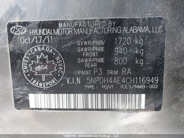 2012 Hyundai Elantra Gl მანქანა იყიდება აუქციონზე, vin: 5NPDH4AE4CH116949, აუქციონის ნომერი: 12560195