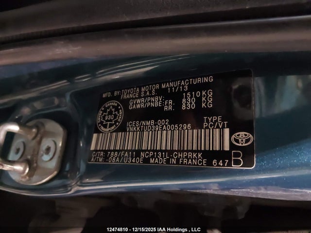 Aukcja sprzedaży 2014 Toyota Yaris Le, vin: VNKKTUD39EA005296, numer aukcji: 12474810