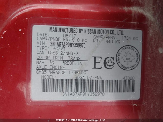 3N1AB7AP9HY359970 Nissan Sentra 1.8 S/1.8 Sl/1.8 Sv