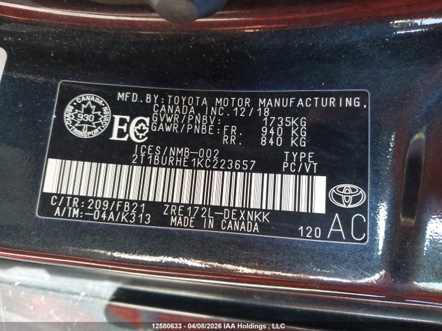 2019 Toyota Corolla მანქანა იყიდება აუქციონზე, vin: 2T1BURHE1KC223657, აუქციონის ნომერი: 12580633