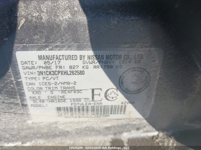 3N1CK3CPXHL262580 Nissan Micra S/sr/sv