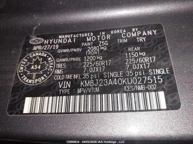 KM8J23A40KU027515 Hyundai Tucson Essential W/safety Package